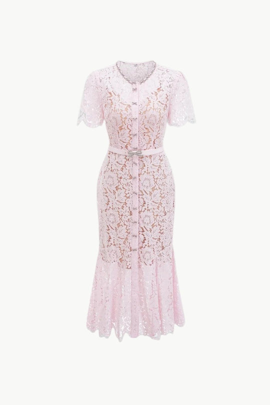 Blush Pink Floral Lace Midi Dress