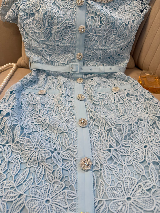 Crystal Button Lace Midi Dress