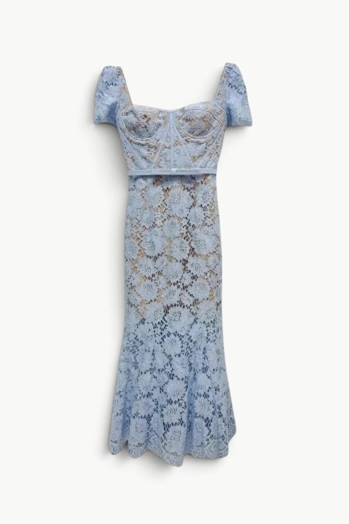 Blue Eyelash Lace Midi Dress
