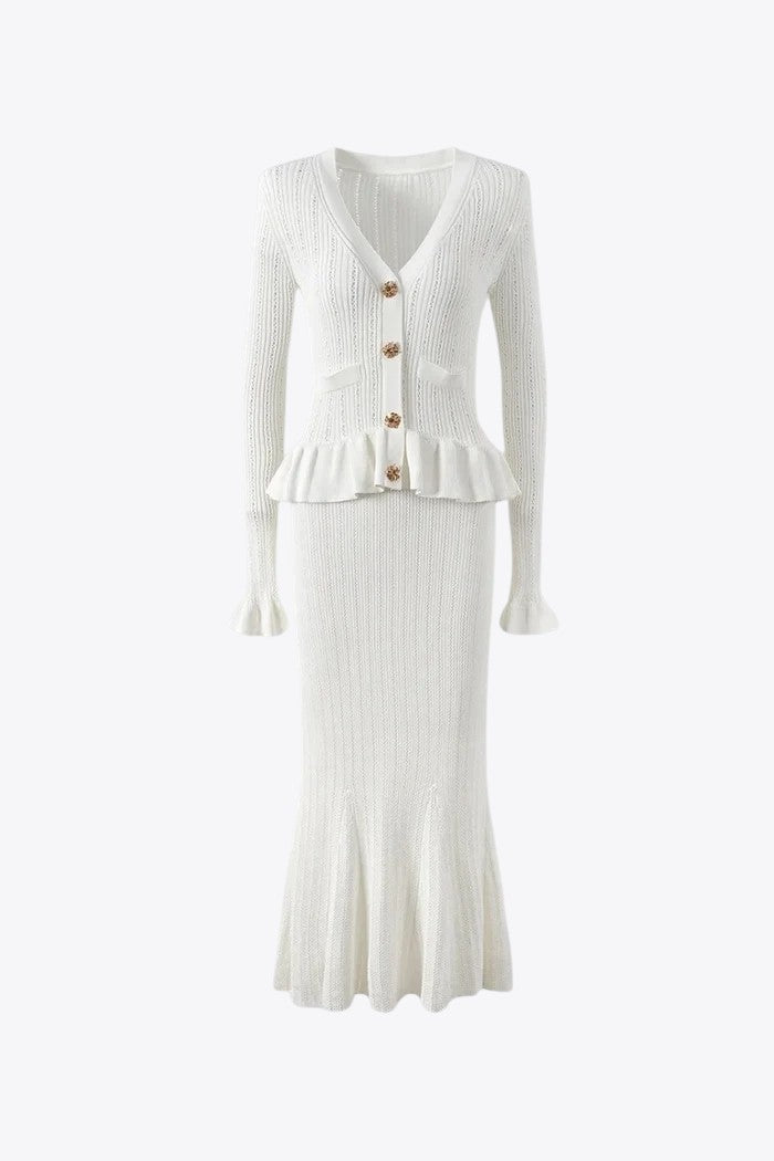 White Ruffled Knit Skirt Set