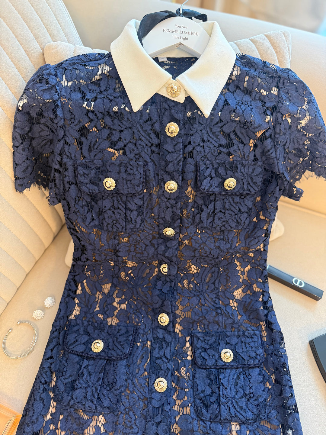 Contrast-Collar Lace Midi Dress
