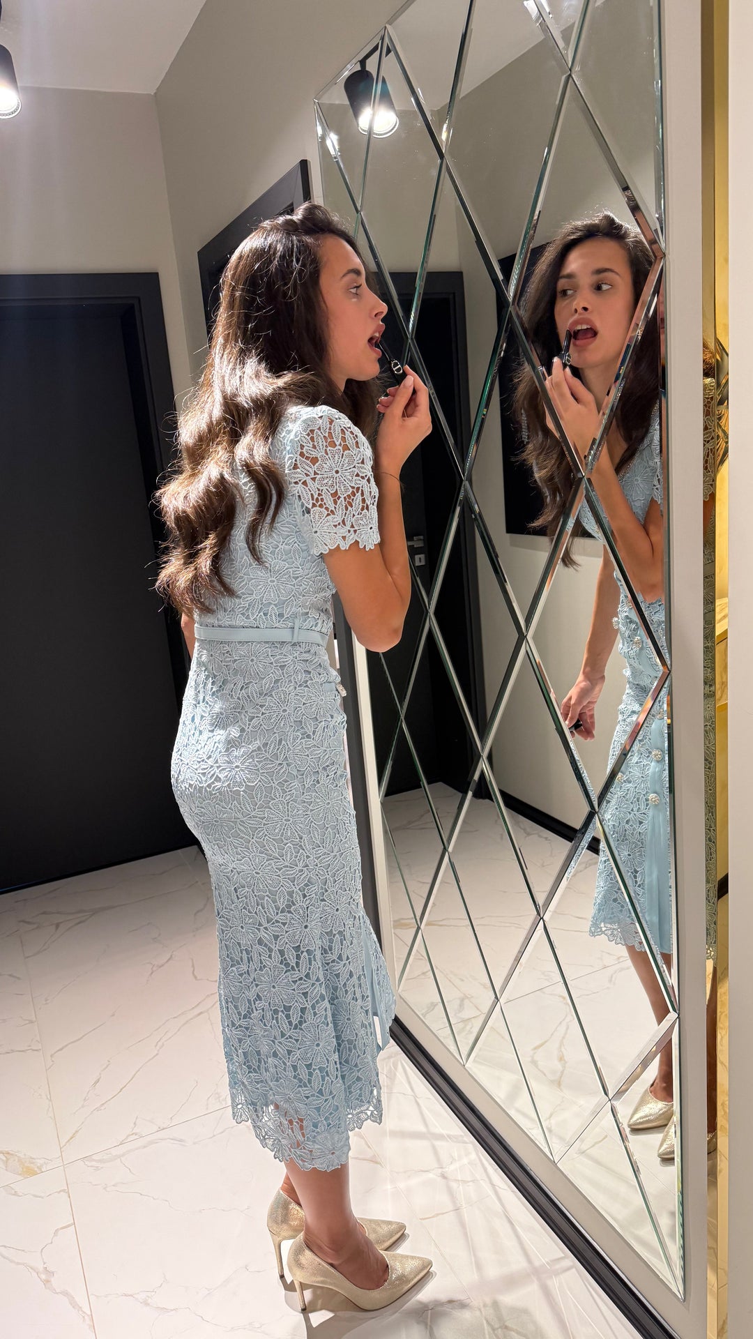 Crystal Button Lace Midi Dress