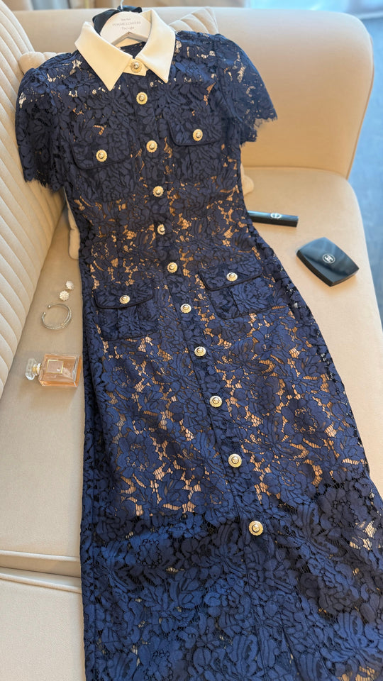 Contrast-Collar Lace Midi Dress