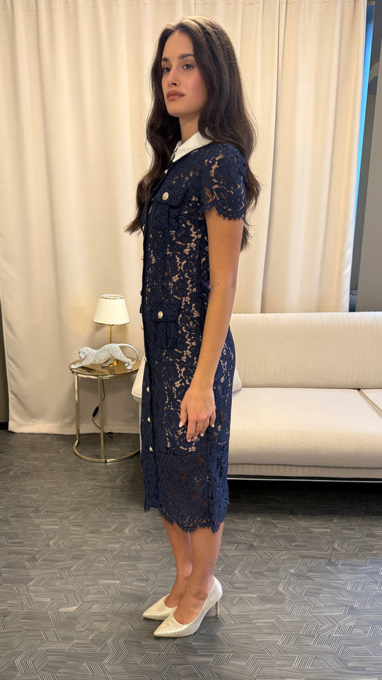 Contrast-Collar Lace Midi Dress