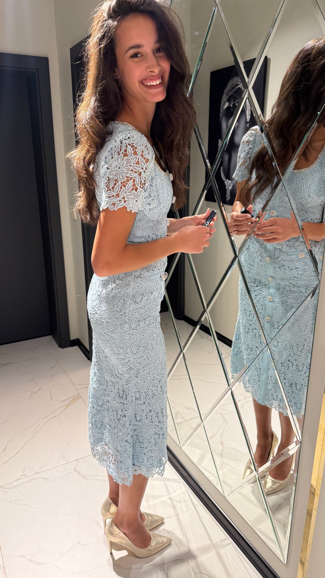 Crystal Button Lace Midi Dress