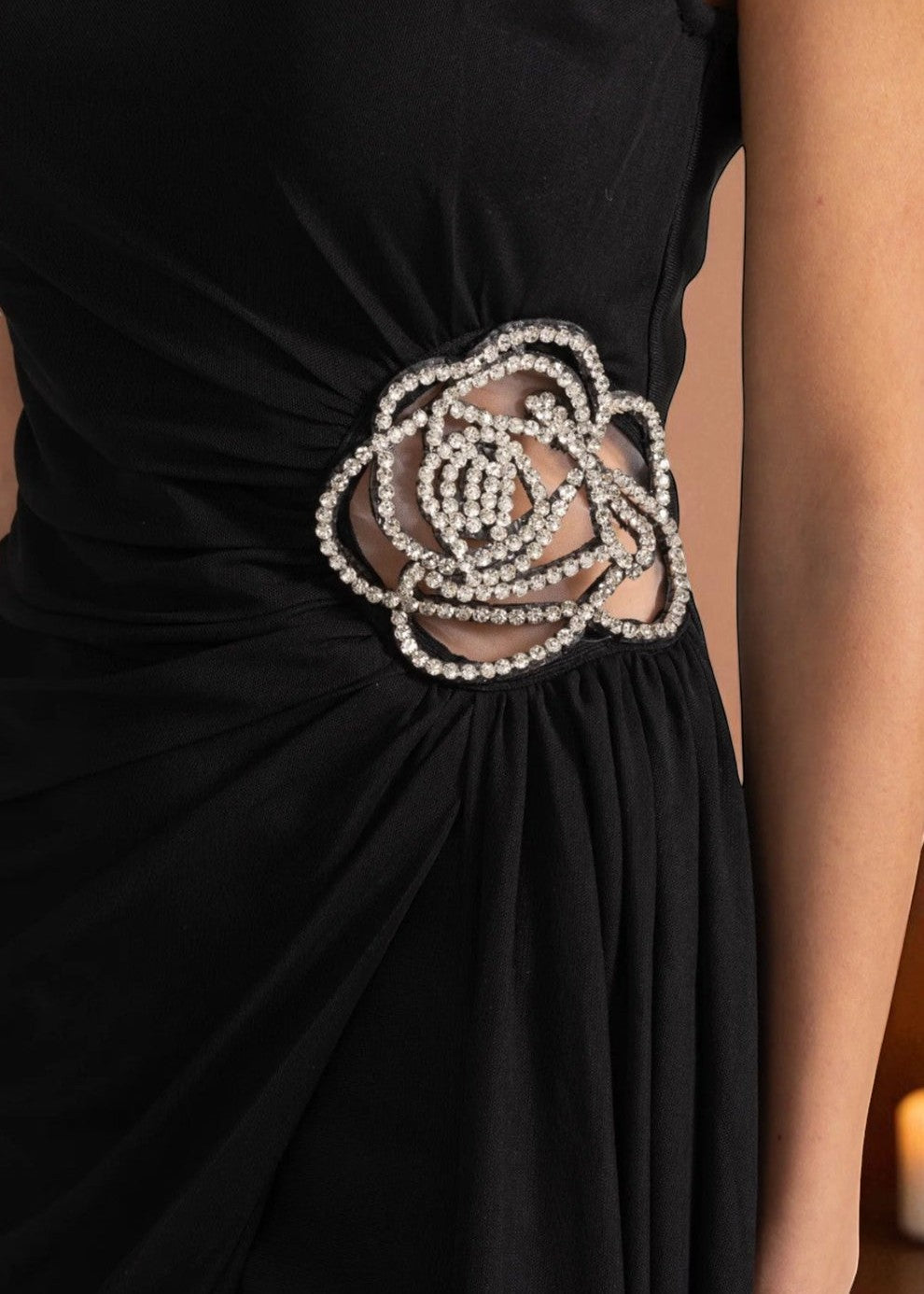 Jeneva || Elegant Off-Shoulder Mini Dress with Stone-Embellished Flower