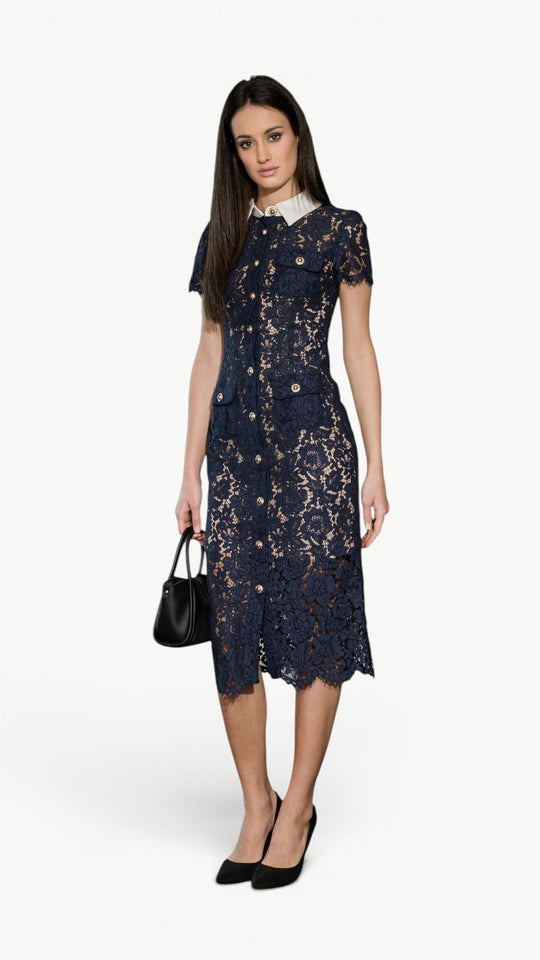 Contrast-Collar Lace Midi Dress