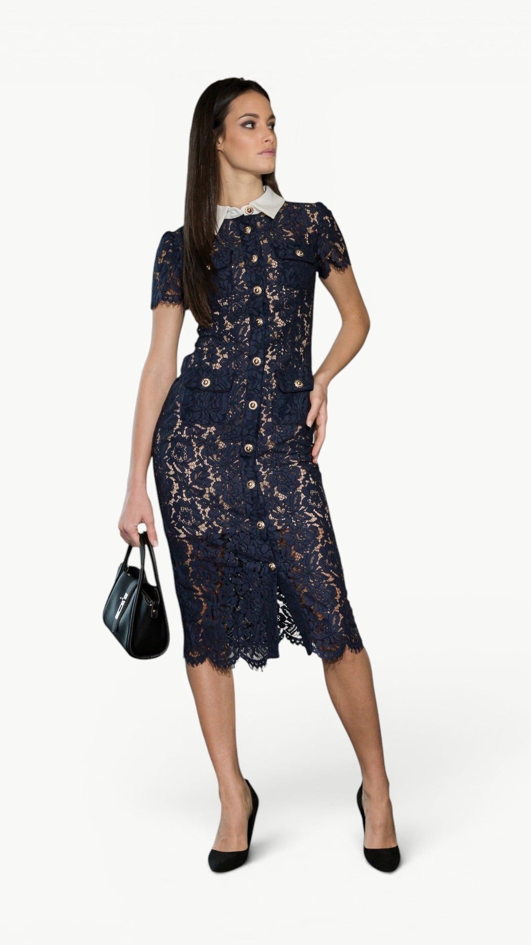 Contrast-Collar Lace Midi Dress