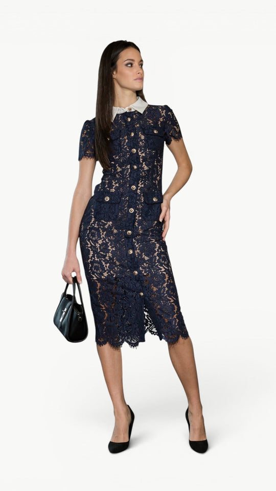 Contrast-Collar Lace Midi Dress