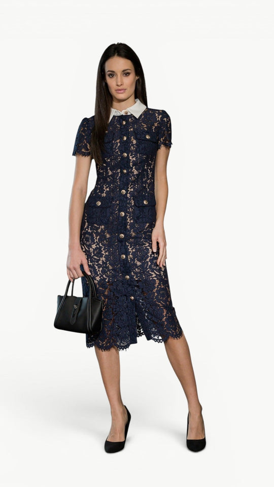 Contrast-Collar Lace Midi Dress