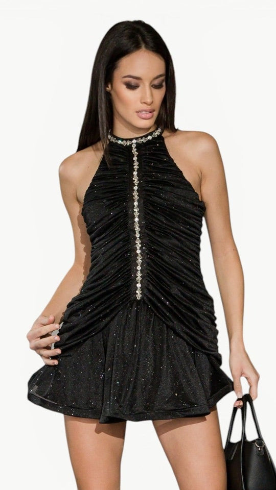 Crystal-Embellished Mini Dress in Black