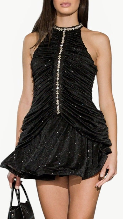 Crystal-Embellished Mini Dress in Black
