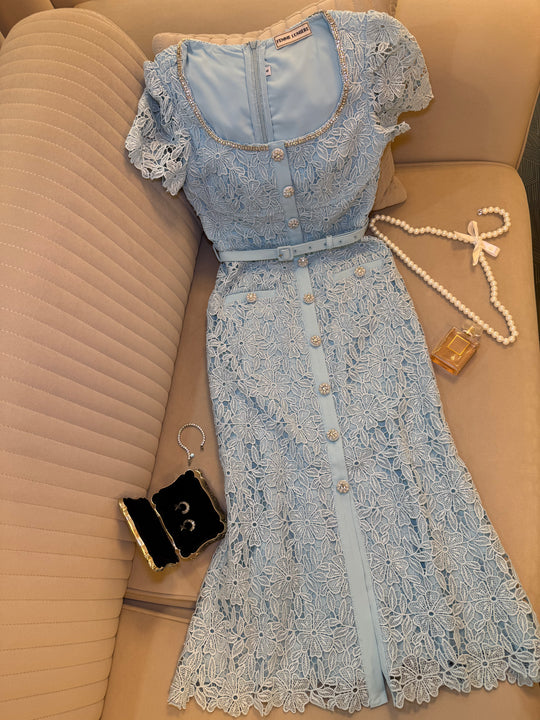 Crystal Button Lace Midi Dress
