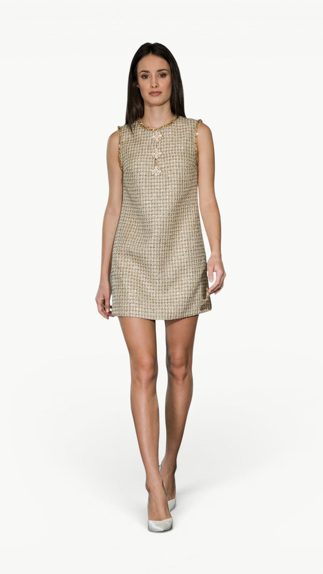 Gold-Button Embellished Tweed Dress