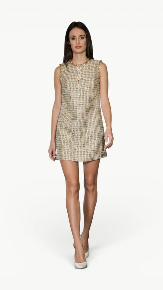 Gold-Button Embellished Tweed Dress