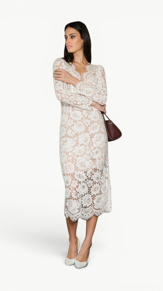 V-Neck Lace Midi Dress Blanche