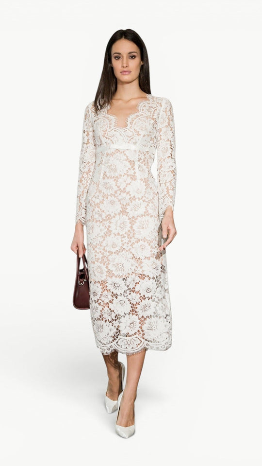 V-Neck Lace Midi Dress Blanche