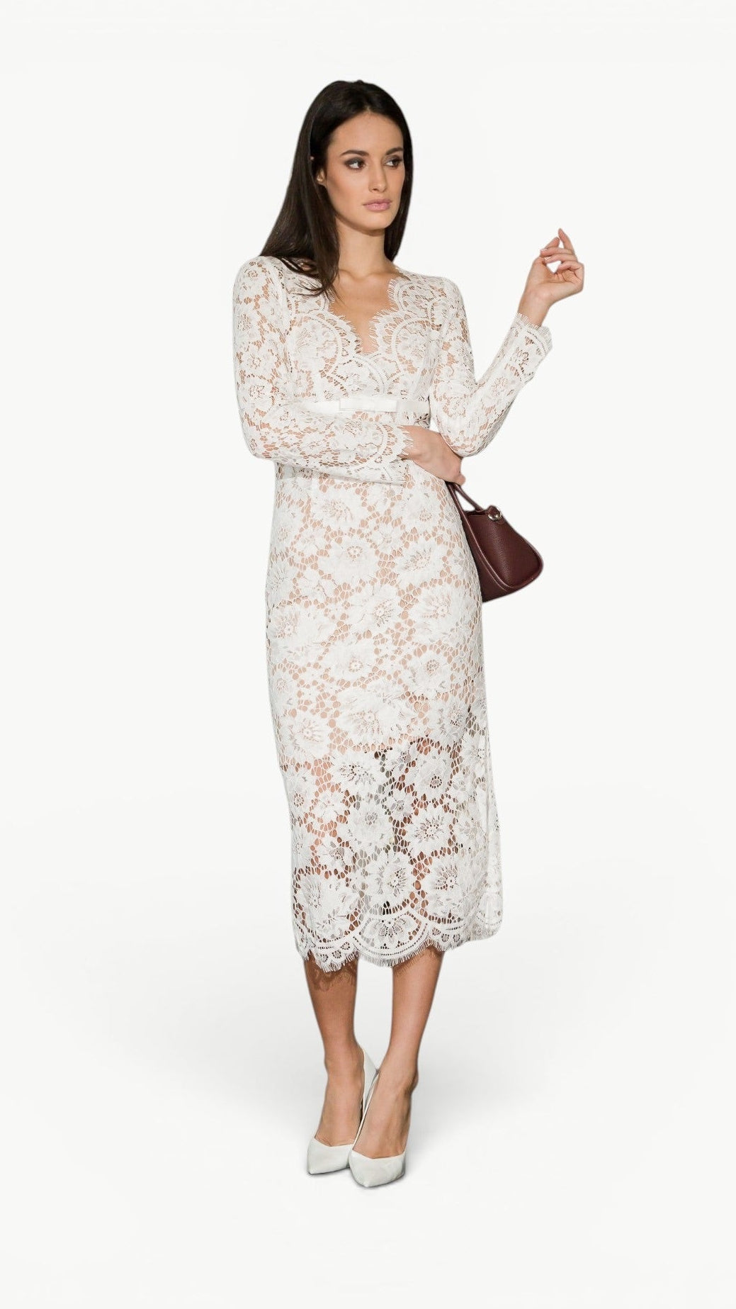 V-Neck Lace Midi Dress Blanche