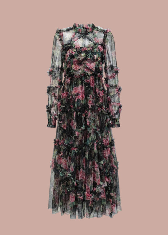 Alicé || Romantic Ruffled Maxi Dress With Sheer Long Sleeves