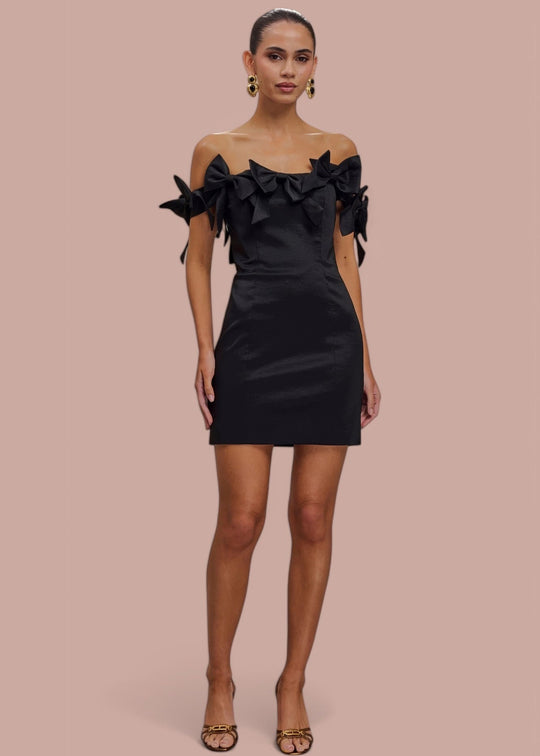 Romy || Off-Shoulder Mini Dress with Bows Black / S