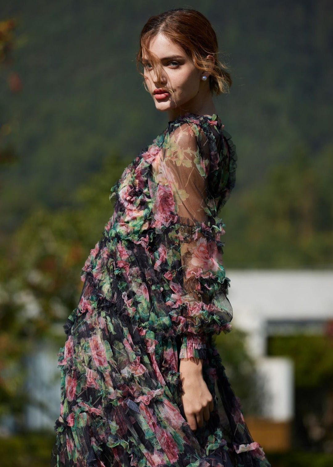 Alicé || Romantic Ruffled Maxi Dress With Sheer Long Sleeves