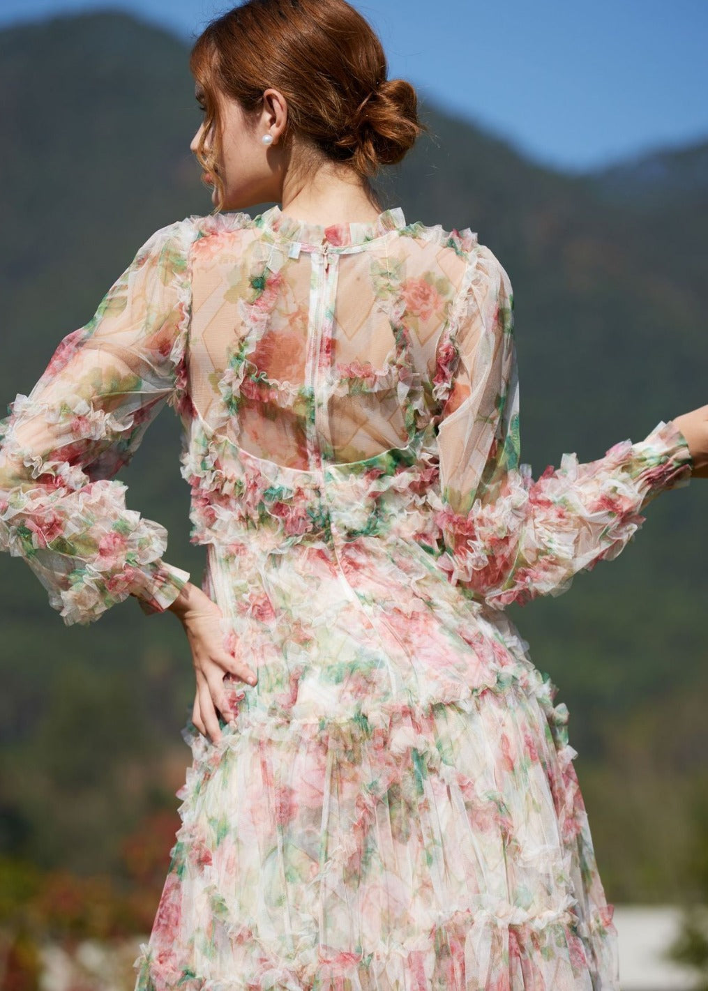 Alicé || Romantic Ruffled Maxi Dress With Sheer Long Sleeves