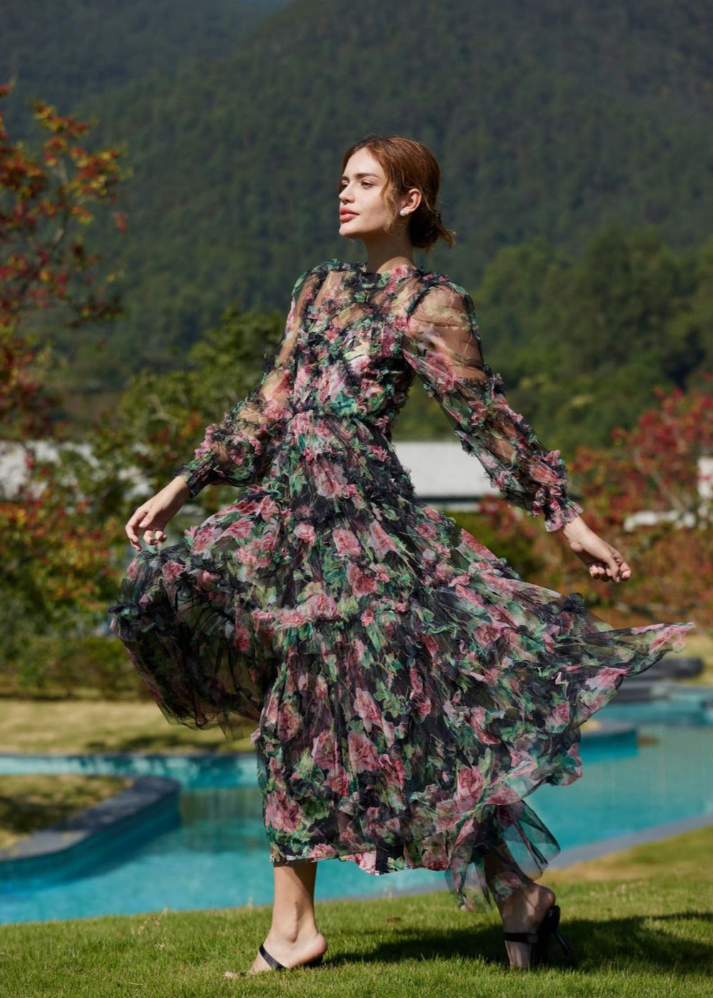 Alicé || Romantic Ruffled Maxi Dress With Sheer Long Sleeves