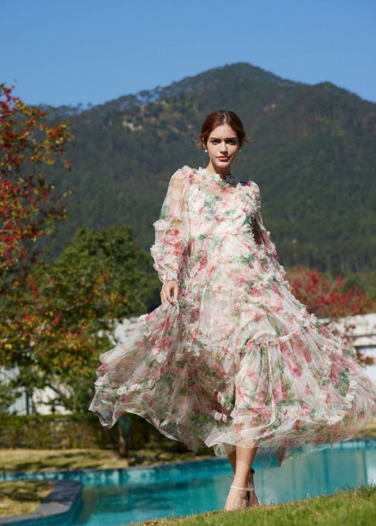 Alicé || Romantic Ruffled Maxi Dress With Sheer Long Sleeves