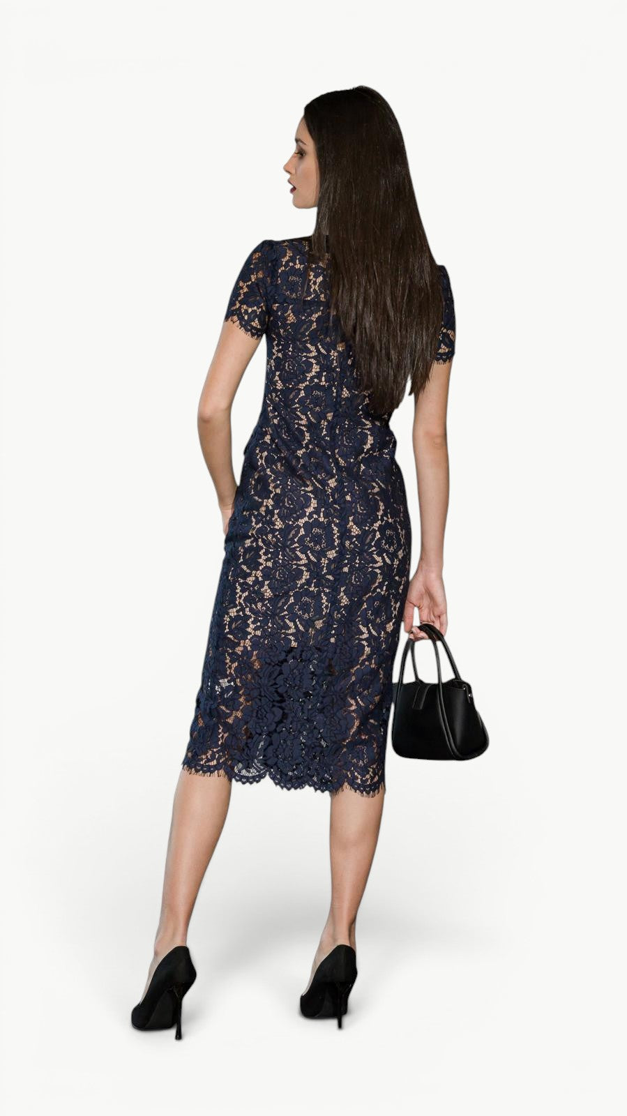Contrast-Collar Lace Midi Dress