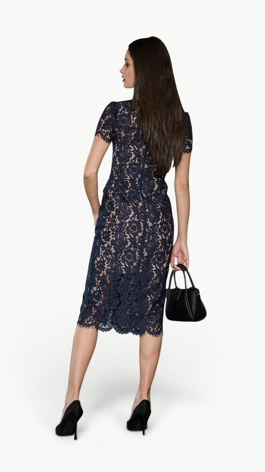 Contrast-Collar Lace Midi Dress