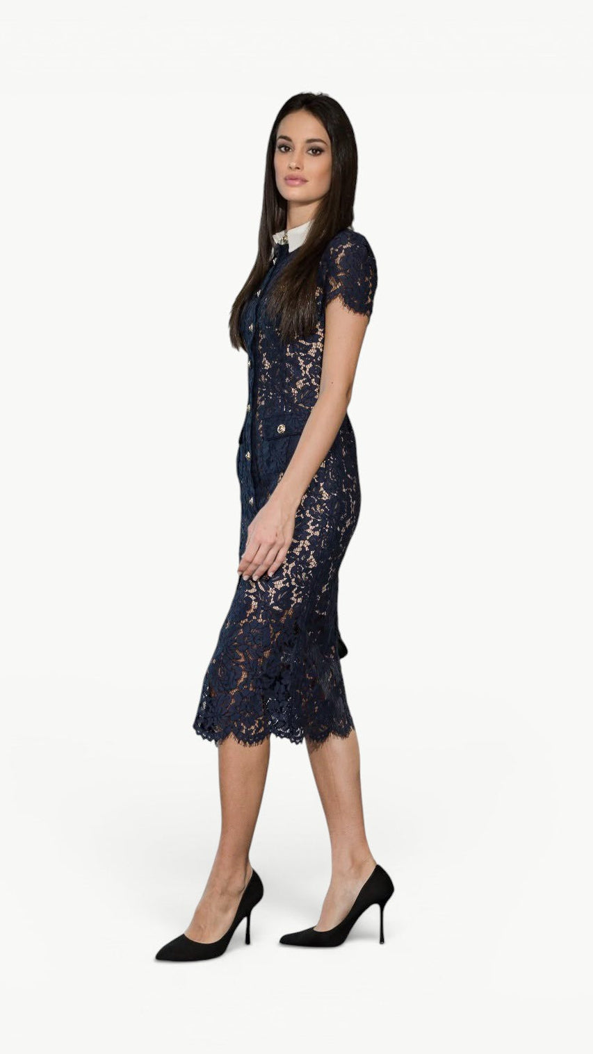 Contrast-Collar Lace Midi Dress