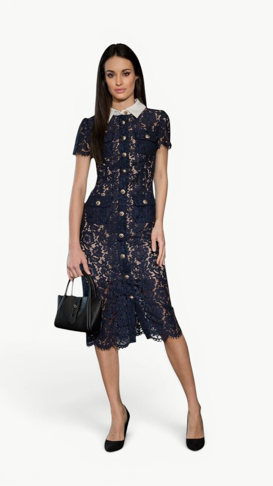 Contrast-Collar Lace Midi Dress