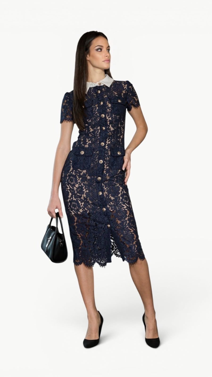 Contrast-Collar Lace Midi Dress