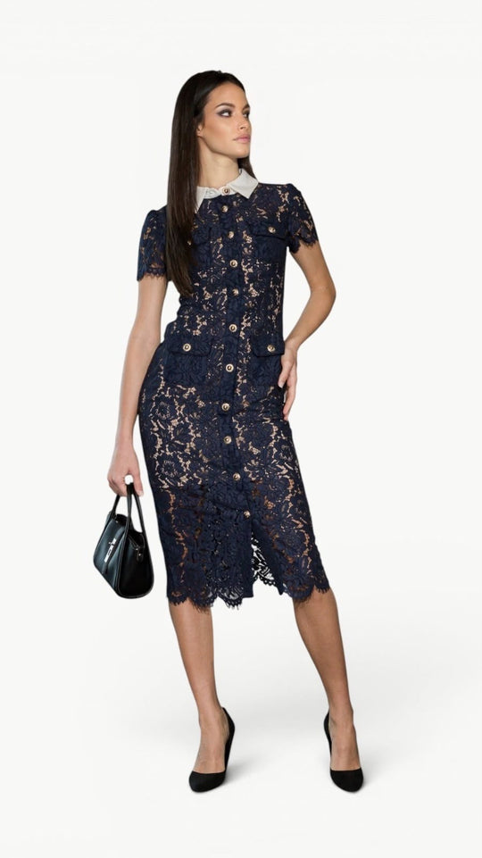 Contrast-Collar Lace Midi Dress