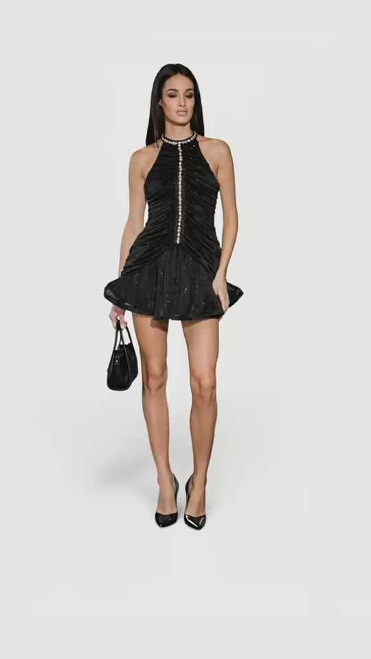 Crystal-Embellished Mini Dress in Black