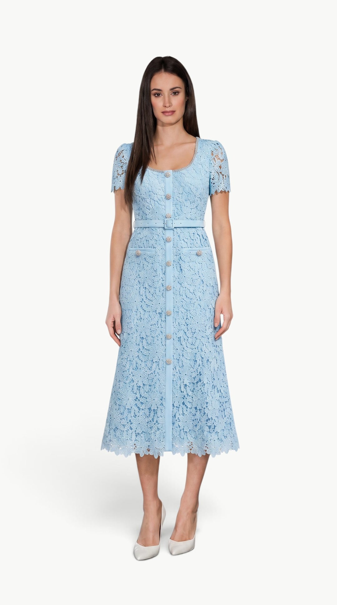 Crystal Button Lace Midi Dress