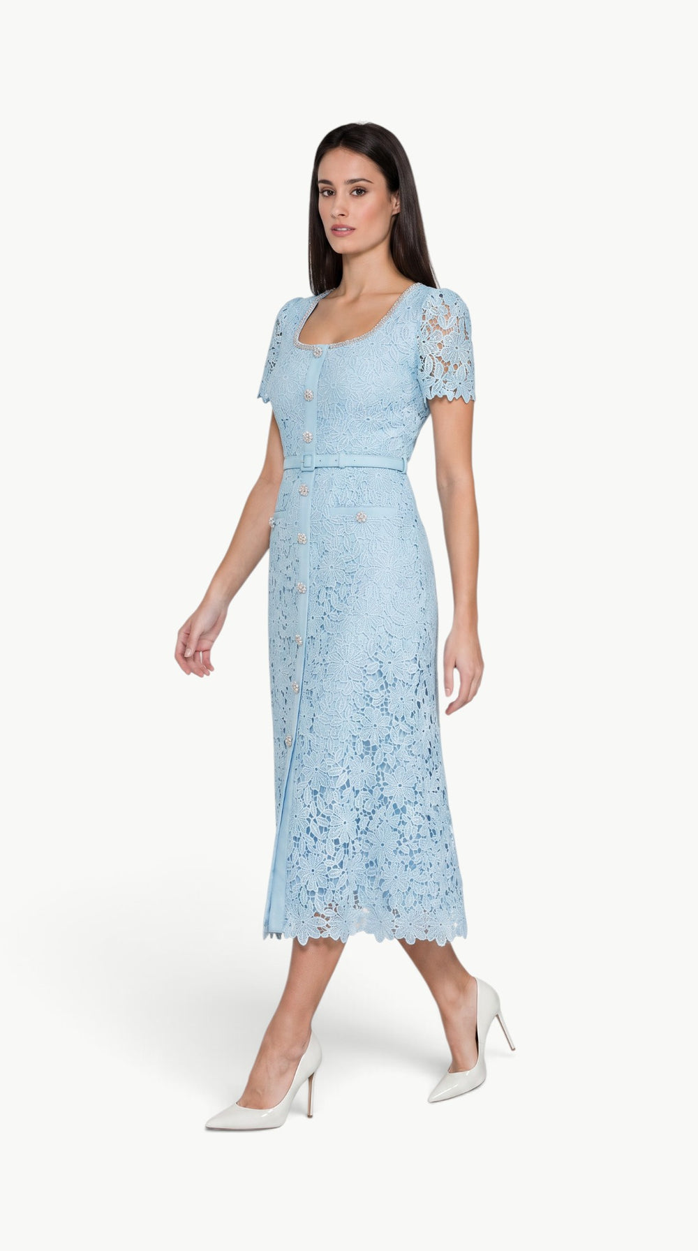 Crystal Button Lace Midi Dress