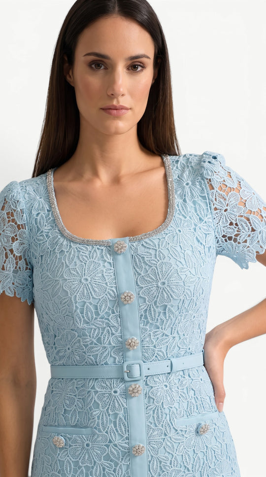 Crystal Button Lace Midi Dress