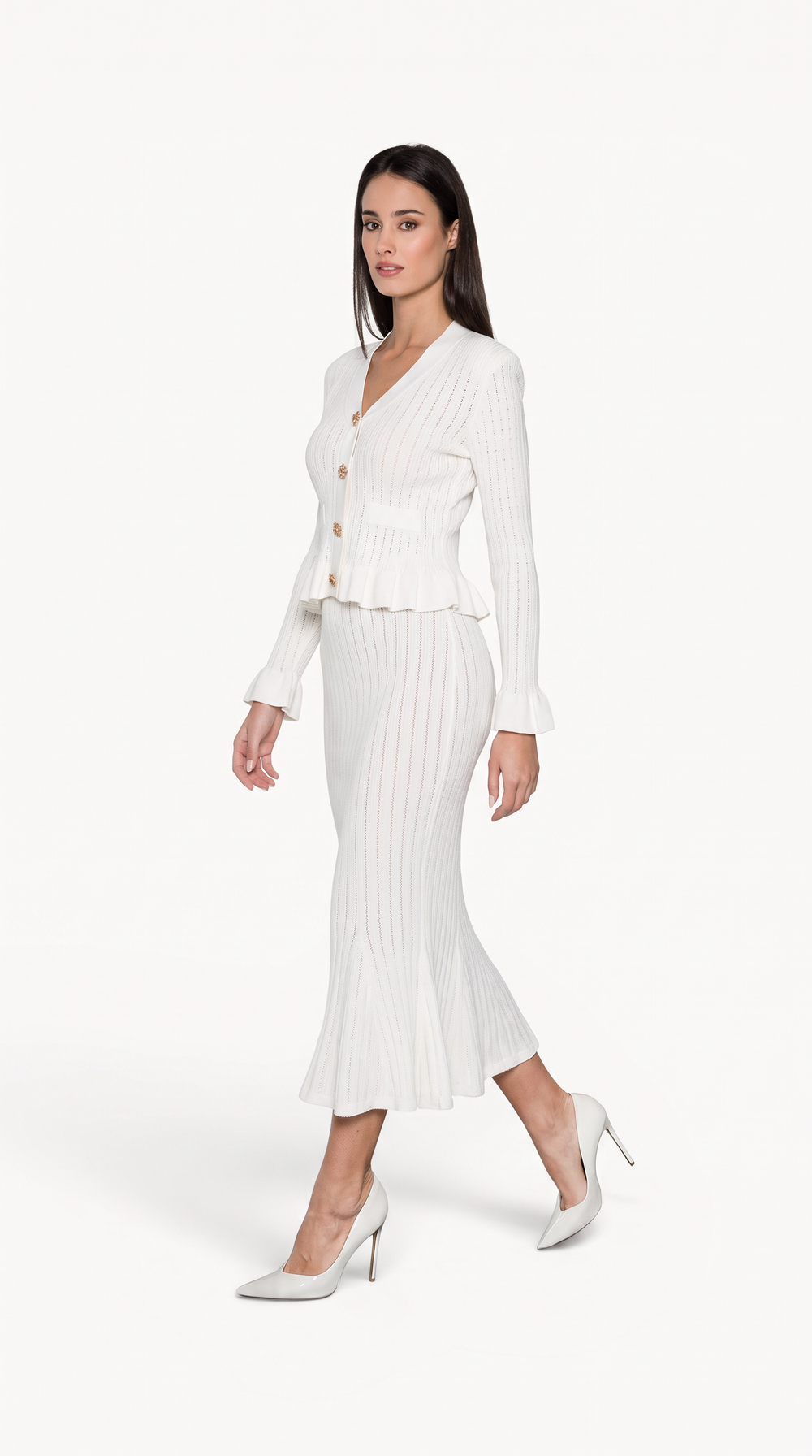 White Ruffled Knit Skirt Set