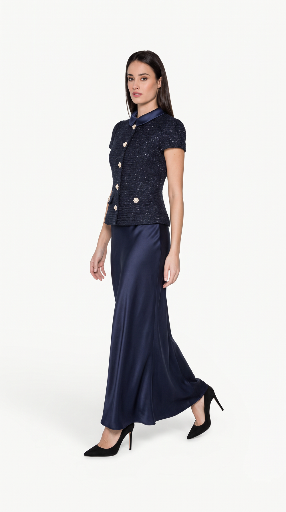 Navy Blue Tweed & Satin Two-Piece Set