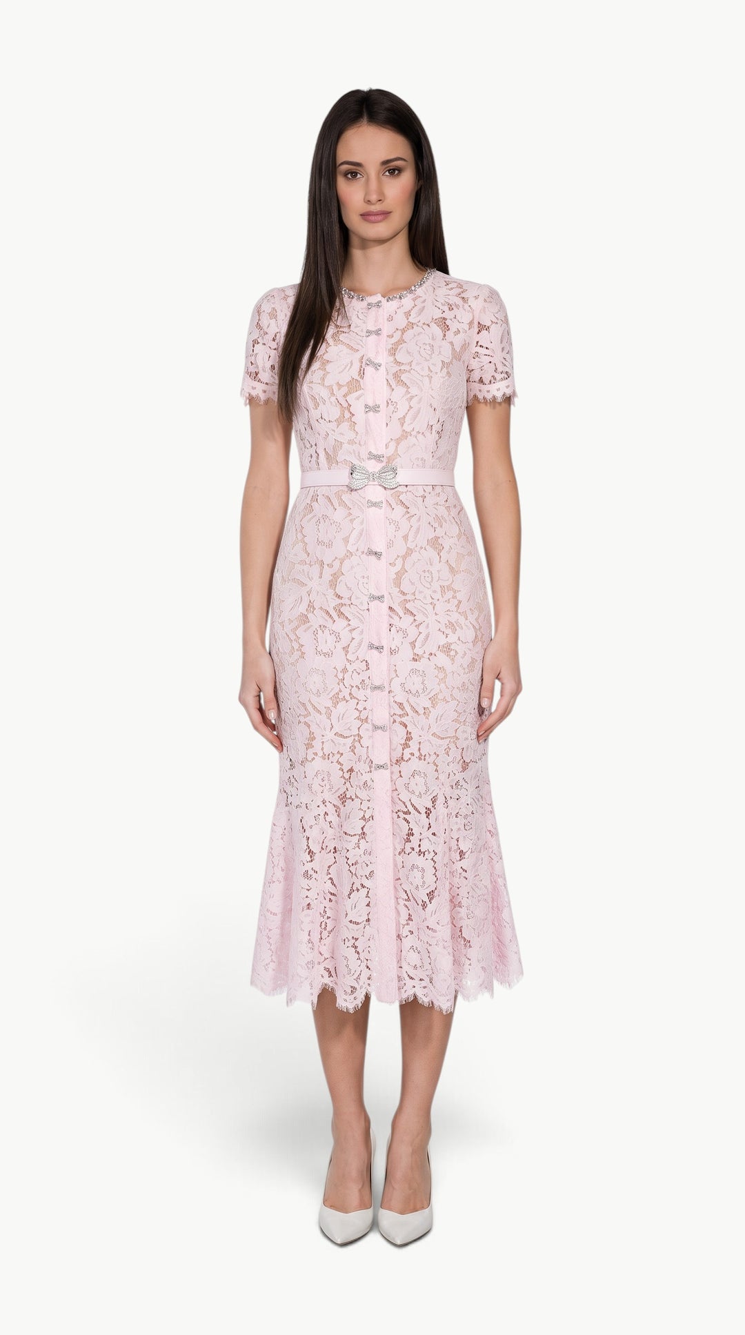Blush Pink Floral Lace Midi Dress