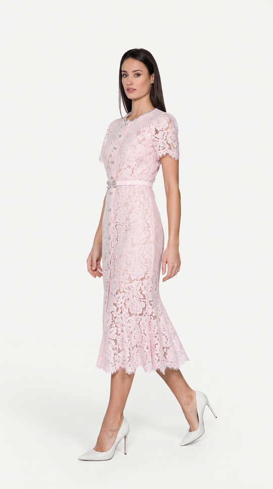 Blush Pink Floral Lace Midi Dress