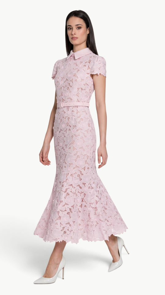 Pink Floral Lace Midi Dress