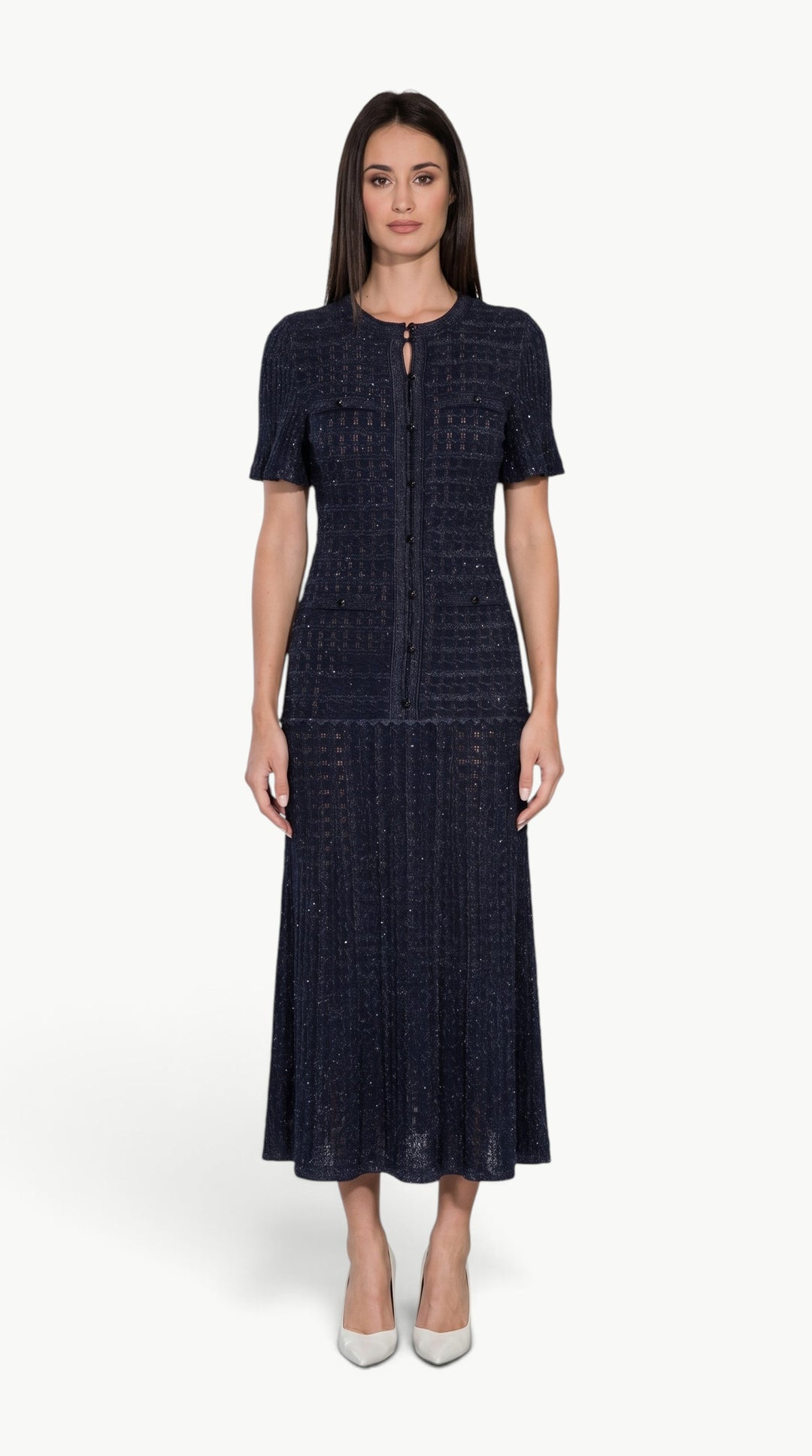 Navy Shimmer Knit Midi Dress