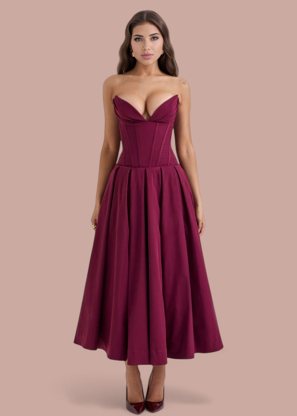 Nova || Sophisticated Strapless A-Line Midi Dress Burgundy